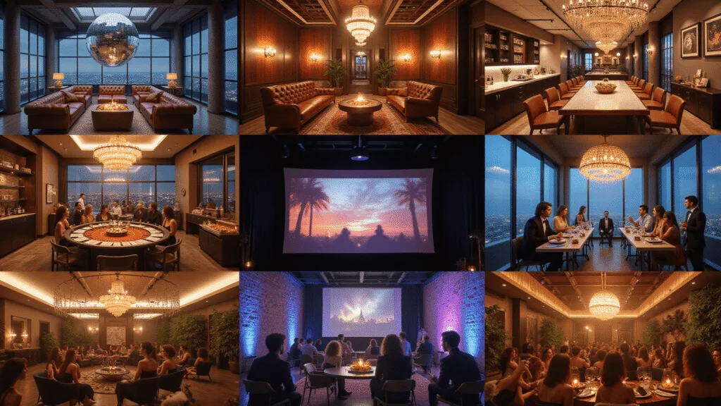 Unforgettable Adult Birthday Party Ideas: Your Ultimate 2025 Guide Photorealistic collage of seven luxurious party scenes in a modern grid layout, featuring a glamorous 70s disco warehouse and upscale settings including a penthouse game night, cooking school, casino ballroom, rooftop wine tasting, enchanted garden movie screening, and modern art studio, all highlighting elegant guests and rich, atmospheric lighting.