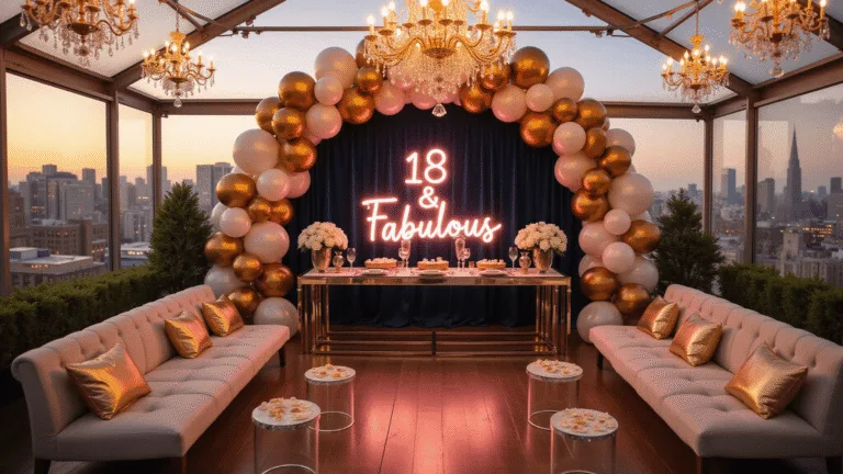 18th Birthday Party Decoration Ideas: Create an Unforgettable Milestone Celebration A luxurious rooftop terrace decorated for an elegant 18th birthday party, featuring a gold and white balloon arch, crystal chandeliers, a mirrored table setup with gold-rimmed glassware and white roses, a glowing "18 & Fabulous" neon sign, plush cream velvet lounge furniture, and dessert displays on lucite pedestals, all set against a backdrop of soft bokeh city lights.