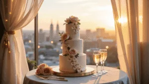 Capturing the Perfect Anniversary Cake: A Comprehensive Guide to Styling and Photography A luxurious 3-tier white buttercream anniversary cake adorned with blush and ivory sugar flowers on a marble table, set against a golden hour rooftop backdrop with vintage champagne coupes, gold cutlery, and soft pink roses, framed by sheer ivory drapery and warm string lights, captured in soft natural light.