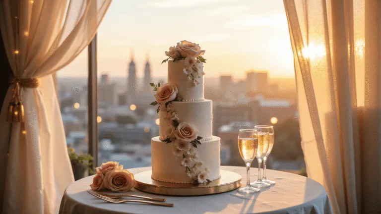 Capturing the Perfect Anniversary Cake: A Comprehensive Guide to Styling and Photography A luxurious 3-tier white buttercream anniversary cake adorned with blush and ivory sugar flowers on a marble table, set against a golden hour rooftop backdrop with vintage champagne coupes, gold cutlery, and soft pink roses, framed by sheer ivory drapery and warm string lights, captured in soft natural light.