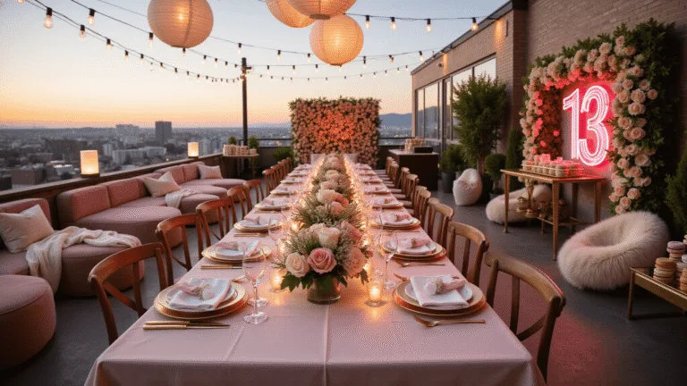 13th Birthday Party Ideas: Epic Celebrations for a Milestone Year A luxurious rooftop garden party for a 13th birthday, featuring a long farmhouse table with blush pink linens, gold-rimmed tableware, and floral centerpieces, surrounded by intimate lounge areas and adorned with a neon pink "13" sign, illuminated by edison bulbs and paper lanterns against a sunset cityscape.