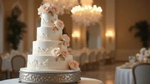 Couture Wedding Cake: A Stunning Edible Artwork A luxurious 5-tier wedding cake adorned with blush sugar flowers and gold accents, displayed on a silver stand against a softly blurred upscale venue backdrop.