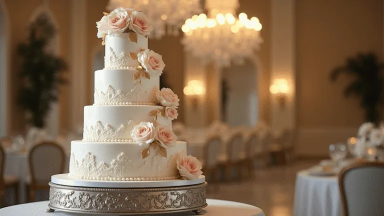 Couture Wedding Cake: A Stunning Edible Artwork A luxurious 5-tier wedding cake adorned with blush sugar flowers and gold accents, displayed on a silver stand against a softly blurred upscale venue backdrop.