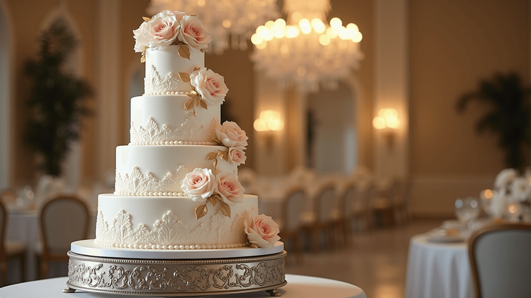 A luxurious 5-tier wedding cake adorned with blush sugar flowers and gold accents, displayed on a silver stand against a softly blurred upscale venue backdrop.