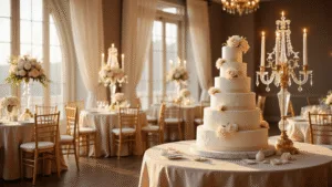 Stunning Wedding Cake Ideas for 2025: Your Ultimate Guide to Sweet Perfection Breathtaking seven-tier white wedding cake on a marble-topped dessert cart, surrounded by elegantly set tables with champagne silk linens, crystal candelabras, and floral centerpieces in a grand ballroom during golden hour.