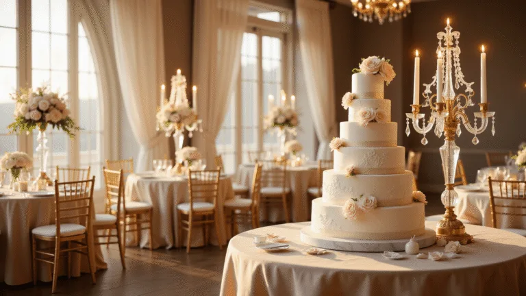 Stunning Wedding Cake Ideas for 2025: Your Ultimate Guide to Sweet Perfection Breathtaking seven-tier white wedding cake on a marble-topped dessert cart, surrounded by elegantly set tables with champagne silk linens, crystal candelabras, and floral centerpieces in a grand ballroom during golden hour.