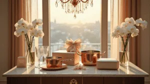 Top Wedding Gift Ideas for 2025: The Ultimate Guide to Memorable Presents Elegant wedding gift display in a luxurious ballroom, featuring high-end gifts like a copper cookware set and monogrammed crystal glasses, surrounded by white orchids and gold accents, bathed in warm golden hour lighting with a dreamy bokeh background.
