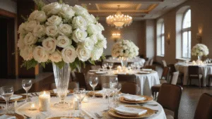 White Wedding Centerpieces: A Complete to Timeless Elegance A luxurious wedding centerpiece featuring tall white roses, hydrangeas, and calla lilies in a crystal vase, set on an ivory silk table with gold-rimmed plates and crystal glassware, illuminated by soft natural light in an elegant ballroom.