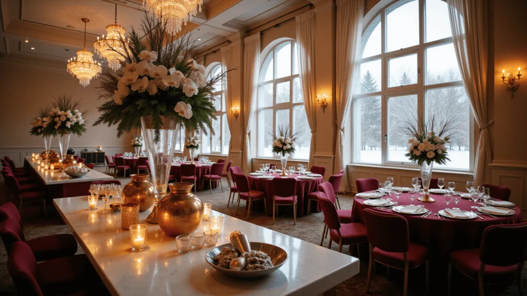 A Complete Guide to Planning Your Dream December Wedding & Celebration Hyperrealistic wide-angle view of a luxurious winter wedding ballroom with snow outside, featuring ornate chandeliers, burgundy tables, elegant floral centerpieces, and a white marble hot chocolate station, all bathed in warm golden light.
