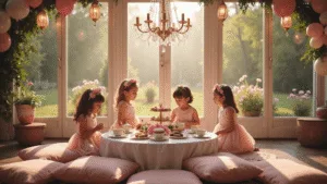 Ultimate Guide to 3rd Birthday Party Themes for Little Girls: Magical Celebrations They'll Remember Forever Photorealistic image of a whimsical garden tea party for a three-year-old's birthday, featuring a beautifully decorated table with miniature tea sets, pastel macarons, and floral decor, surrounded by girls in tulle dresses and a magical ambiance of fairy lights and a balloon arch.