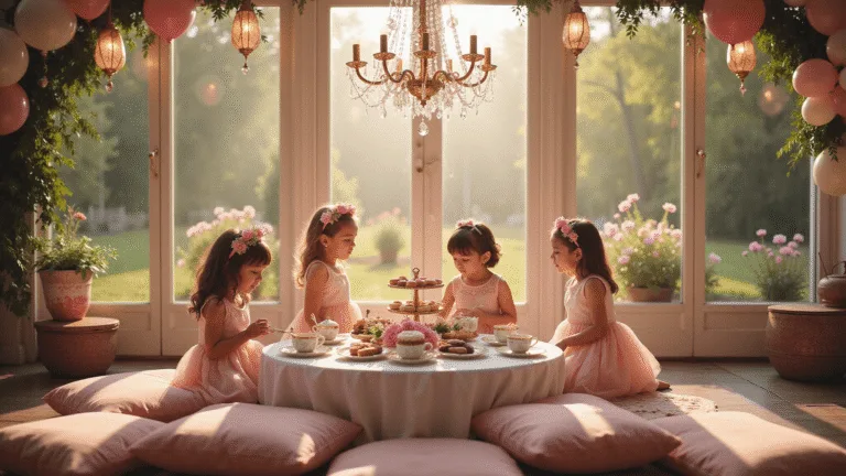 Ultimate Guide to 3rd Birthday Party Themes for Little Girls: Magical Celebrations They'll Remember Forever Photorealistic image of a whimsical garden tea party for a three-year-old's birthday, featuring a beautifully decorated table with miniature tea sets, pastel macarons, and floral decor, surrounded by girls in tulle dresses and a magical ambiance of fairy lights and a balloon arch.