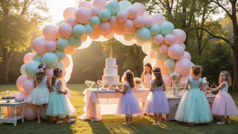 Ultimate Girl Birthday Party Ideas: Create Magical Memories That Shine! A whimsical backyard birthday party setup at golden hour, featuring a grand pastel balloon arch and themed zones including a unicorn dessert table, a baking station, and a cosmic corner. Young girls in tulle dresses enjoying activities among beautifully styled treats and decorations.
