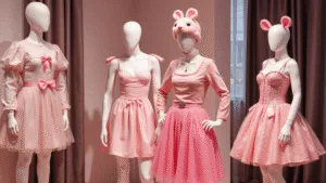 The Ultimate Guide to Rocking a Mean Girls Halloween Costume A boutique display featuring mannequins dressed in iconic Halloween costumes inspired by "Mean Girls", including a pink bunny, a cat, and a mouse, with soft pink lighting and a luxe interior illuminated by neon glow.