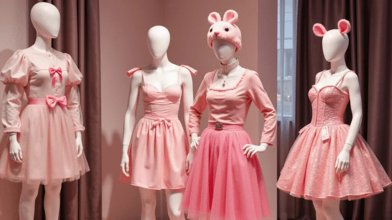 The Ultimate Guide to Rocking a Mean Girls Halloween Costume A boutique display featuring mannequins dressed in iconic Halloween costumes inspired by "Mean Girls", including a pink bunny, a cat, and a mouse, with soft pink lighting and a luxe interior illuminated by neon glow.