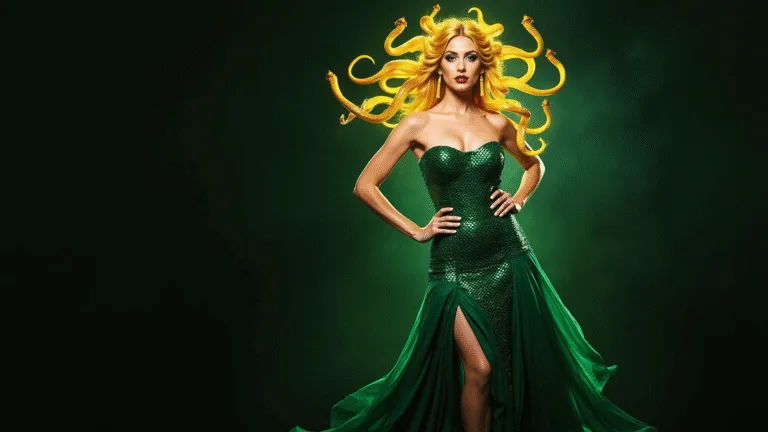 SLAYING THE MEDUSA LOOK: YOUR ULTIMATE HALLOWEEN COSTUME A mesmerizing Halloween costume depicting Medusa as a Greek goddess, featuring golden snake hair and glowing scales, adorned in a flowing emerald dress against a dramatic dark background.