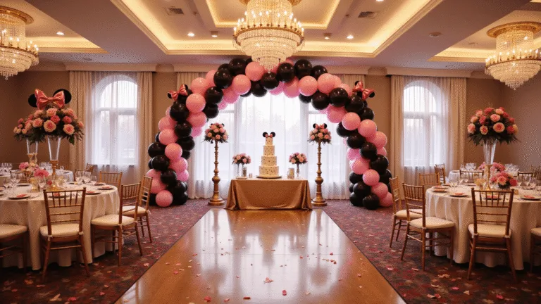 Magical Minnie Mouse Birthday Party: Your Ultimate Planning Guide A grand ballroom set for a luxurious Minnie Mouse birthday party, featuring a pink and black balloon arch, round tables with polka dot linens, towering centerpieces of pink roses and golden Minnie silhouettes, and a dessert table with a decorative 3-tier cake, all under dramatic crystal chandeliers and a magical atmosphere enhanced by rose petals and metallic confetti.