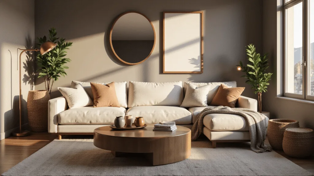 Creating a Cozy Haven: Modern Home Decor Ideas That Won't Break the Bank A cozy modern living room bathed in golden hour light, featuring a cream bouclé sofa with textured pillows, a wooden coffee table with decorative items, oversized mirrors, layered warm lighting, and a variety of plants, all capturing a warm and inviting atmosphere with rich textures.