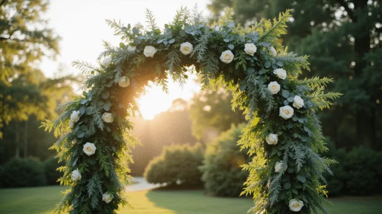 Green Wedding Flowers: Your Ultimate Guide to Natural, Stunning Celebrations A luxurious garden wedding arch adorned with cascading greenery and white roses, photographed during golden hour, featuring soft warm lighting, lush textures, and a dreamy bokeh background.