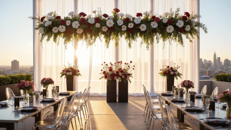 Modern Wedding Flowers 2025: Redefining Floral Elegance for Your Big Day Cinematic photograph of a minimalist rooftop wedding setup at golden hour, featuring a 20-foot suspended floral installation, acrylic tables, ghost chairs, and a city skyline backdrop, enhanced by soft lighting, elegant table settings, and ambient fairy lights.