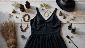 Bewitching Halloween Style: Your Ultimate Guide to Creating the Perfect Witch Costume Flatlay of a modern witch costume on distressed wood, featuring a black tulle dress, crystal jewelry, vintage potion bottles, a broomstick, dried flowers, and crystals, illuminated by soft morning light.