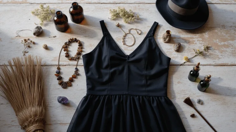 Bewitching Halloween Style: Your Ultimate Guide to Creating the Perfect Witch Costume Flatlay of a modern witch costume on distressed wood, featuring a black tulle dress, crystal jewelry, vintage potion bottles, a broomstick, dried flowers, and crystals, illuminated by soft morning light.