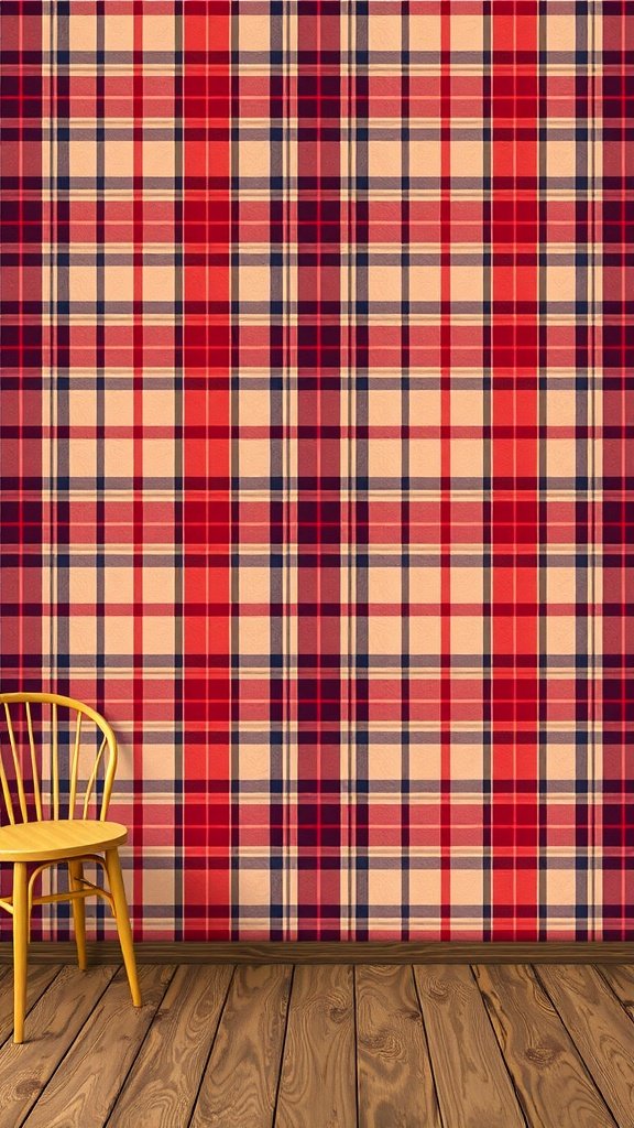 50 Stunning Coquette Wallpaper Designs to Transform Your Space Modern plaid wallpaper in red, beige, and navy with a wooden chair in front.