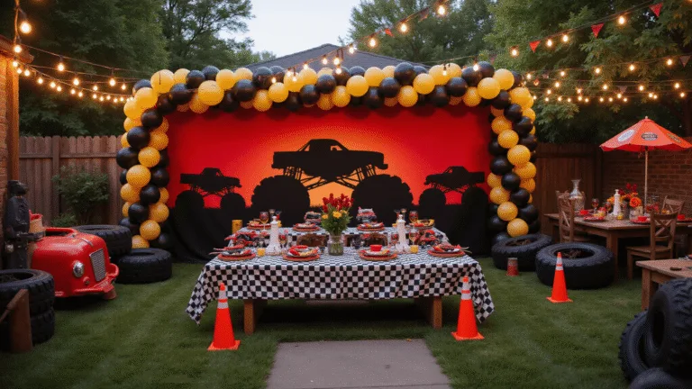 Monster Jam Birthday Bash: The Ultimate Guide to Creating an Epic Truck-Themed Celebration A vibrant Monster Truck birthday party setup in a backyard during golden hour, featuring oversized truck silhouettes, checkered picnic table settings, inflatable tires, and colorful decorations with warm lighting.