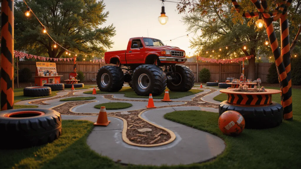 Epic Monster Truck Birthday Party: The Ultimate Guide for Truck-Crazy Kids A vibrant backyard transformed into a monster truck birthday party arena, featuring an inflatable truck centerpiece, colorful balloon garlands, checkered bunting, and themed activity areas, all illuminated by warm golden hour lighting.