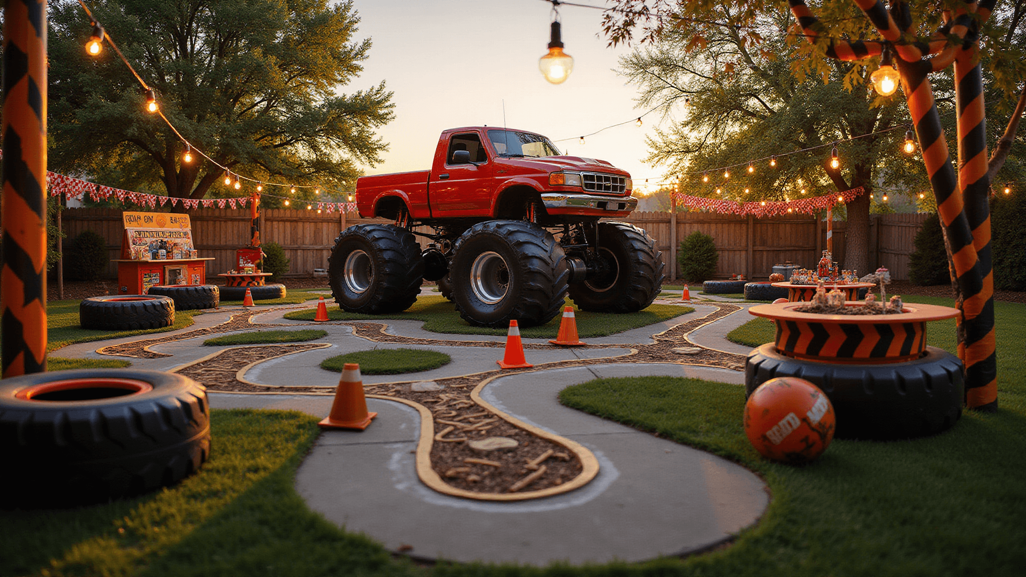 A vibrant backyard transformed into a monster truck birthday party arena, featuring an inflatable truck centerpiece, colorful balloon garlands, checkered bunting, and themed activity areas, all illuminated by warm golden hour lighting.