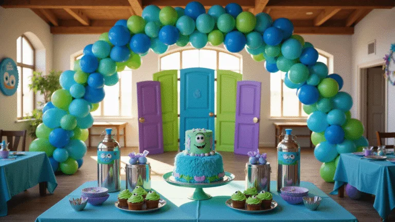 Monsters Inc Birthday Party: The Ultimate Guide to a Roaring Celebration Photorealistic interior scene of a Monsters Inc themed birthday party, featuring a vibrant balloon arch in aqua blue, lime green, and purple, a colorful DIY door station backdrop, an elegant dessert table with a Sully-inspired tiered cake and Mike Wazowski cupcakes, custom "scream canister" drink stations, and themed table settings, all enhanced by soft golden hour lighting and intricate details in 8K resolution.