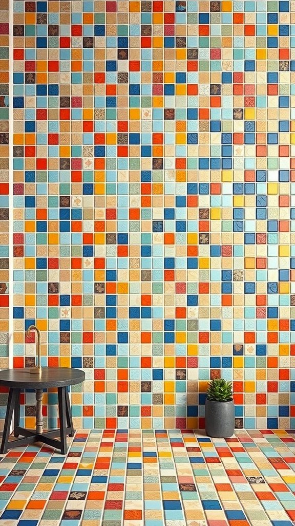 50 Stunning Coquette Wallpaper Designs to Transform Your Space Colorful mosaic tile wall with a black table and a potted plant.