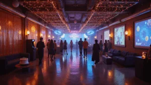 Ultimate 15th Birthday Party Guide: Themes, Decor, and Unforgettable Memories Cinematic wide-angle shot of a vibrant multi-themed teenage birthday party featuring distinct zones, including a neon-lit glow area, a retro 80s corner, and a modern lounge, with string lights, a professional DJ booth, and a luxury dessert station, all beautifully illuminated at golden hour.