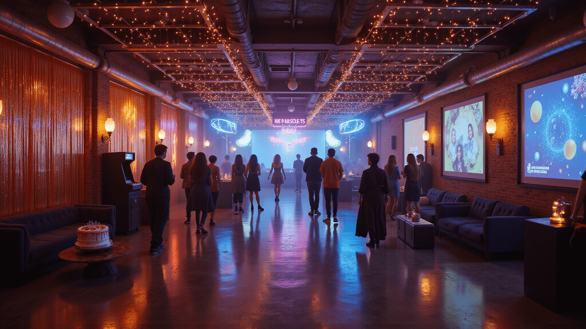 Cinematic wide-angle shot of a vibrant multi-themed teenage birthday party featuring distinct zones, including a neon-lit glow area, a retro 80s corner, and a modern lounge, with string lights, a professional DJ booth, and a luxury dessert station, all beautifully illuminated at golden hour.