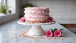 PINK BIRTHDAY CAKE: SPRINKLE-LOADED CELEBRATION DELIGHT Photorealistic three-tiered pastel pink birthday cake on a white ceramic stand, adorned with rainbow sprinkles, featuring detailed buttercream texture and visible vanilla layers, set against a blurred marble countertop with scattered sprinkles and fresh pink flowers.