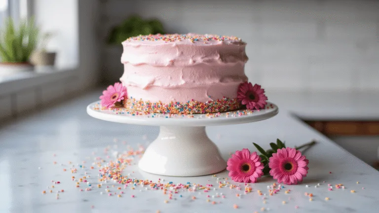 PINK BIRTHDAY CAKE: SPRINKLE-LOADED CELEBRATION DELIGHT Photorealistic three-tiered pastel pink birthday cake on a white ceramic stand, adorned with rainbow sprinkles, featuring detailed buttercream texture and visible vanilla layers, set against a blurred marble countertop with scattered sprinkles and fresh pink flowers.