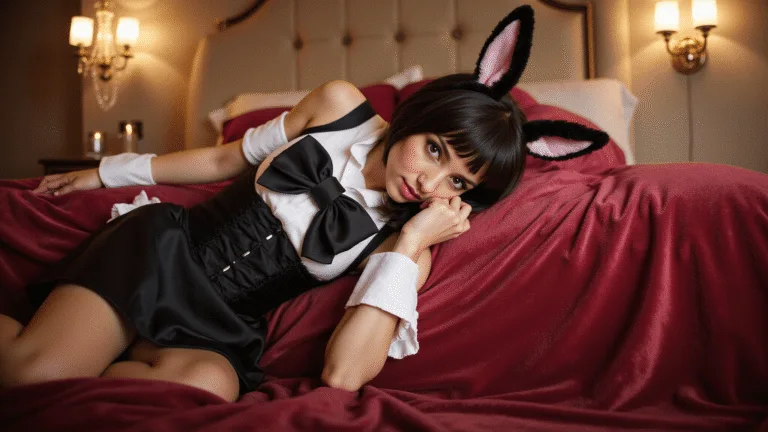 How to Rock a Playboy Bunny Costume - Your Ultimate Style A playboy bunny costume featuring a black satin corset, white collar and cuffs, a bowtie, ears, and a tail, elegantly arranged on a vintage velvet bedspread, illuminated by soft chandelier lighting.
