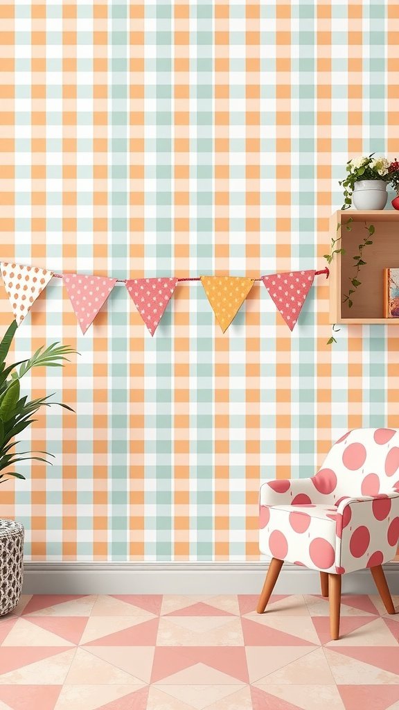 50 Stunning Coquette Wallpaper Designs to Transform Your Space A cheerful room with coquette wallpaper featuring a pastel checkered pattern, colorful bunting, and a polka-dotted chair.
