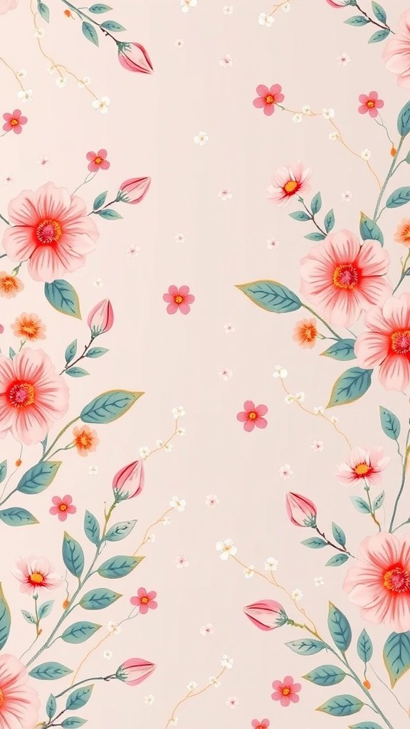 50 Stunning Coquette Wallpaper Designs to Transform Your Space Colorful floral wallpaper featuring pink flowers and green leaves on a light background