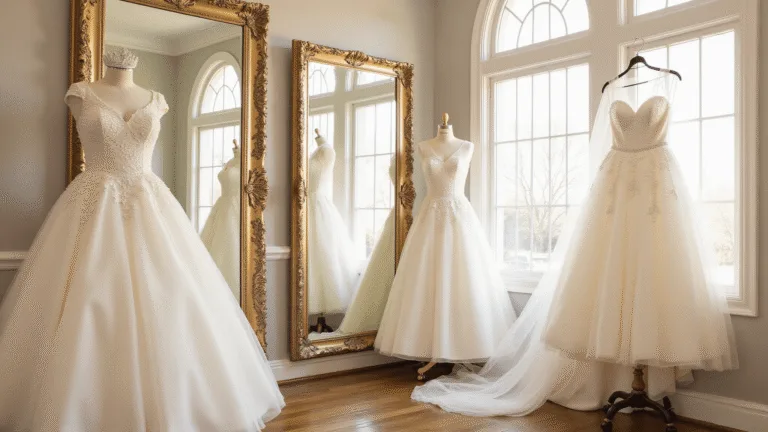 The Ultimate Princess Halloween Costumes: Feel Like Royalty This Year! Elegant princess costumes in ballgowns displayed in a sunlit boutique dressing room, featuring vintage mirrors, crystal tiaras, and an ethereal golden light atmosphere.