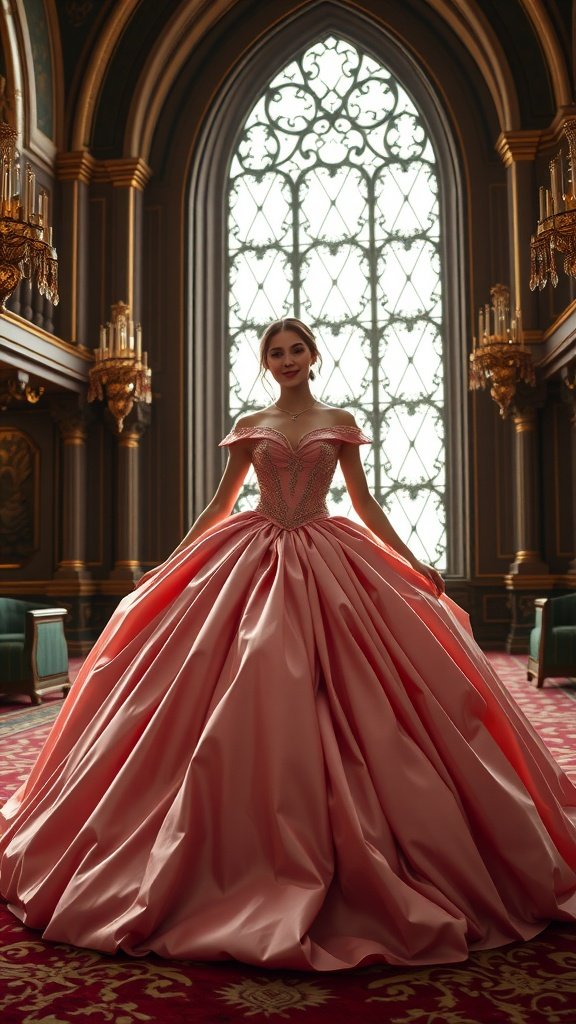30 Stunning Ball Gowns for Your Next Formal Event A model wearing a pink princess ball gown with a full skirt in a grand hall.
