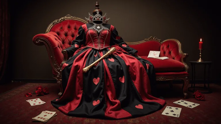 The Ultimate Queen of Hearts Halloween Costume A dramatic Queen of Hearts costume on a Victorian chaise lounge, featuring a luxurious red and black gown with heart motifs, a crystal crown, and ornate scepter, surrounded by vintage playing cards and red roses, all presented in rich colors and soft lighting.