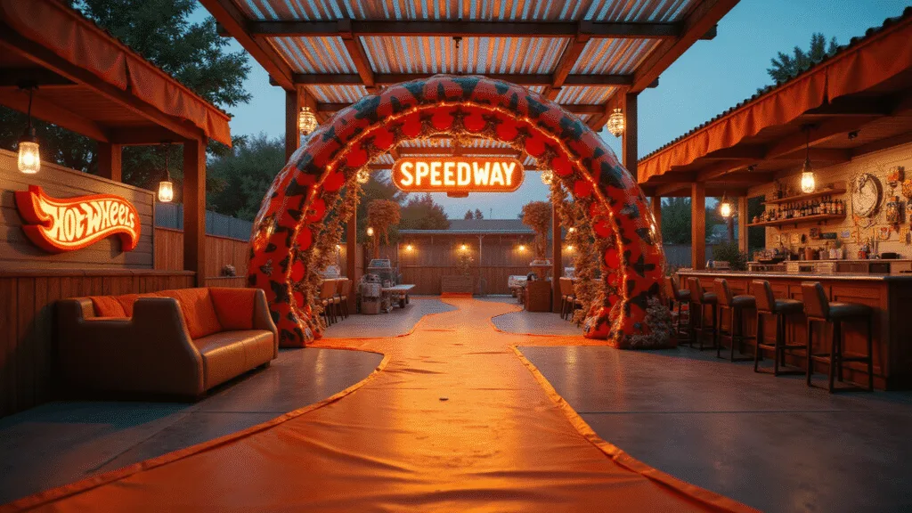 Hot Wheels Birthday Party: The Ultimate Race Day Celebration Guide Photorealistic wide-angle view of a backyard racing paradise at golden hour, featuring orange and black race tape pathways, a metallic balloon arch, LED tunnel tracks, checkered flag bunting, display platforms with Hot Wheels cars, a neon 'SPEEDWAY' sign, retro diner section, and warm ambient lighting, all captured in ultra-detailed 8K.