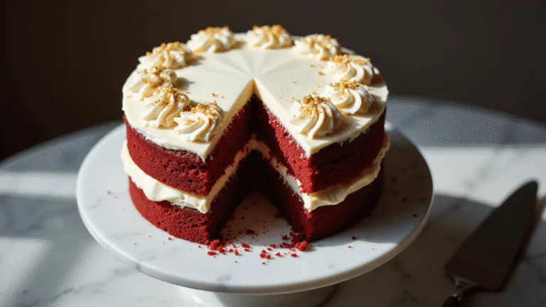 Classic Red Velvet Birthday Cake: The Ultimate Showstopper Dessert A luxurious two-layer red velvet cake adorned with smooth cream cheese frosting and gold leaf accents, sharply focused against a softly blurred background.