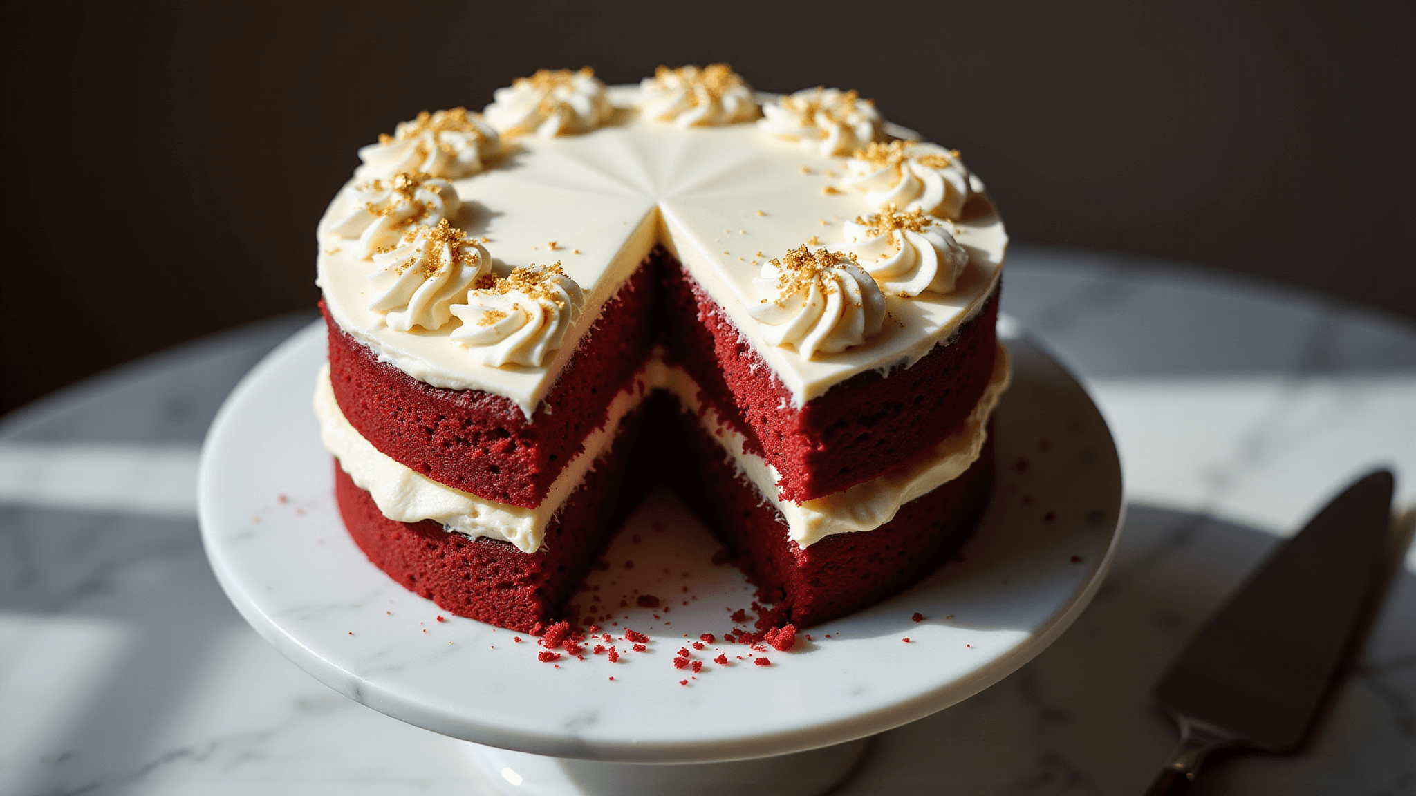 A luxurious two-layer red velvet cake adorned with smooth cream cheese frosting and gold leaf accents, sharply focused against a softly blurred background.