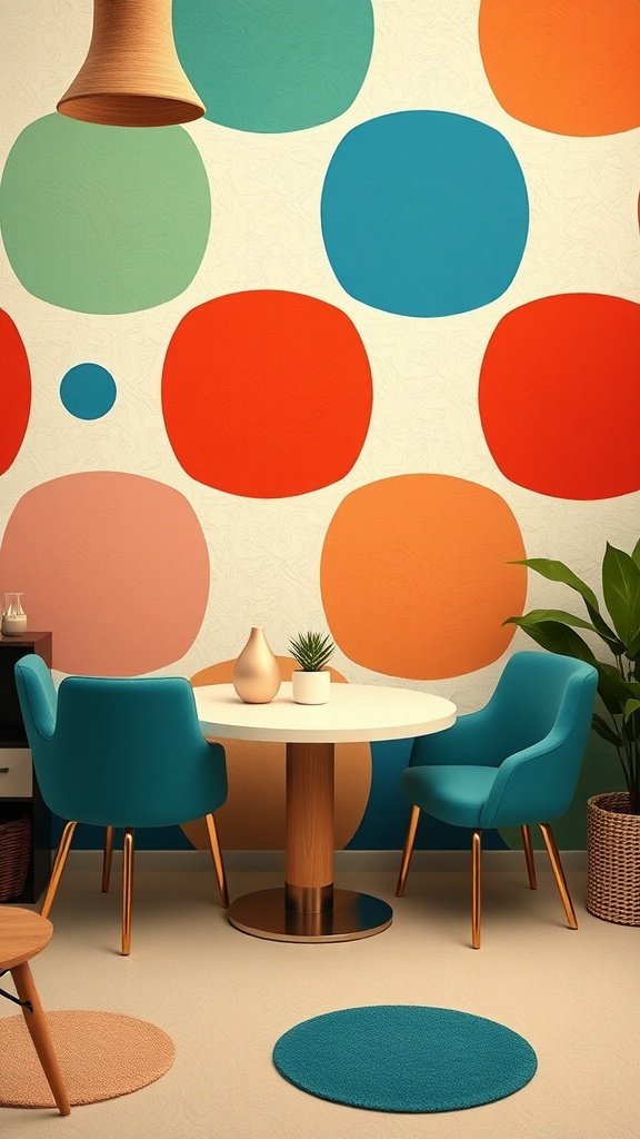 50 Stunning Coquette Wallpaper Designs to Transform Your Space A cozy dining area with coquette wallpaper featuring large colorful geometric shapes.