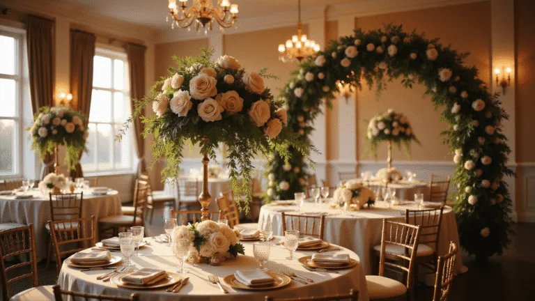 Wedding Flowers: Your Complete Guide to Creating Magical Moments A luxurious ballroom wedding reception at golden hour with elegant round tables featuring towering floral centerpieces of blush peonies and cream roses, surrounded by warm candlelight and ambient lighting.