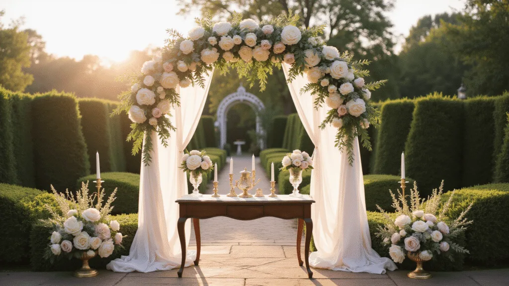 Wedding Altar Flowers: Your Ultimate Guide to Breathtaking Ceremony Decor Cinematic wide-angle shot of an elegant wedding altar at golden hour, featuring a grand floral arch of white garden roses, blush pink peonies, and cream lilies, with vintage decorations and a dreamy, romantic ambiance.
