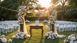 Wedding Flowers: Your Ultimate Guide to Stunning 2025 Celebrations Photorealistic wide shot of a romantic garden wedding ceremony at golden hour featuring an ultra-detailed floral arch, cascading blush peonies, cream garden roses, white ranunculus, and silk ribbons, with a vintage welcome table, white crossback chairs, warm sunlight filtering through trees, and string lights creating a bokeh effect.