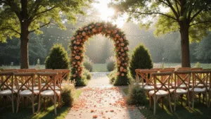 Creating Your Dream Summer Wedding Flower Cinematic wide-angle shot of a romantic garden wedding ceremony at golden hour, featuring a vintage floral arch with coral and peach roses, wooden cross-back chairs with floral bouquets, scattered rose petals on a stone pathway, and warm string lights, capturing a dreamy, ethereal atmosphere.