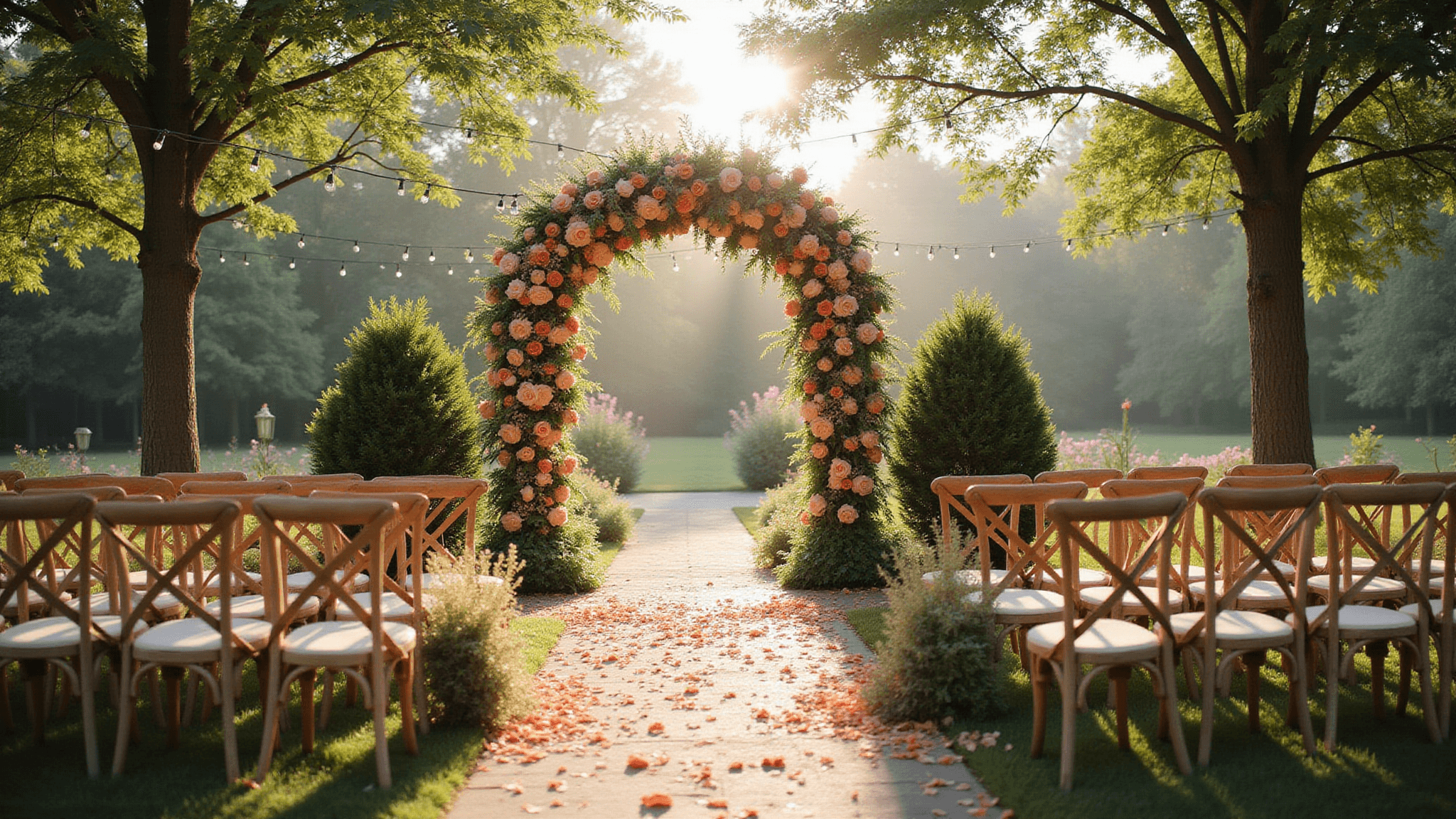 Cinematic wide-angle shot of a romantic garden wedding ceremony at golden hour, featuring a vintage floral arch with coral and peach roses, wooden cross-back chairs with floral bouquets, scattered rose petals on a stone pathway, and warm string lights, capturing a dreamy, ethereal atmosphere.
